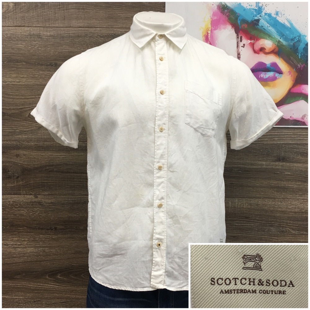 Scotch & Soda Mens Paradise Shirt White 100% Linen‎ Short Sleeve Button Up Large